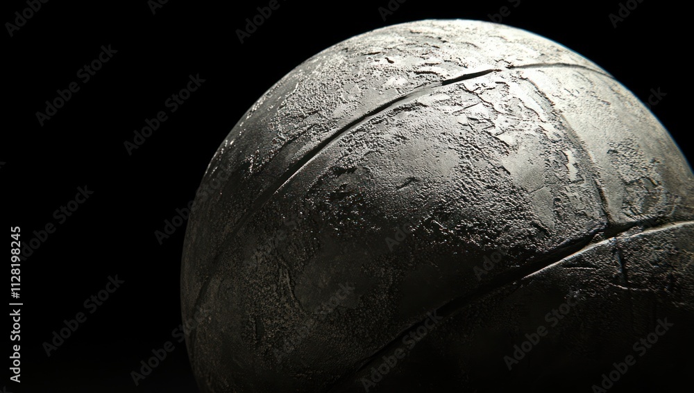 Poster a textured, spherical object resembling a basketball with a worn, metallic surface.