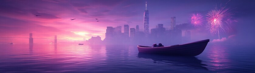 Romantic Couple in Rowboat at Sunset with City Skyline and Fireworks
