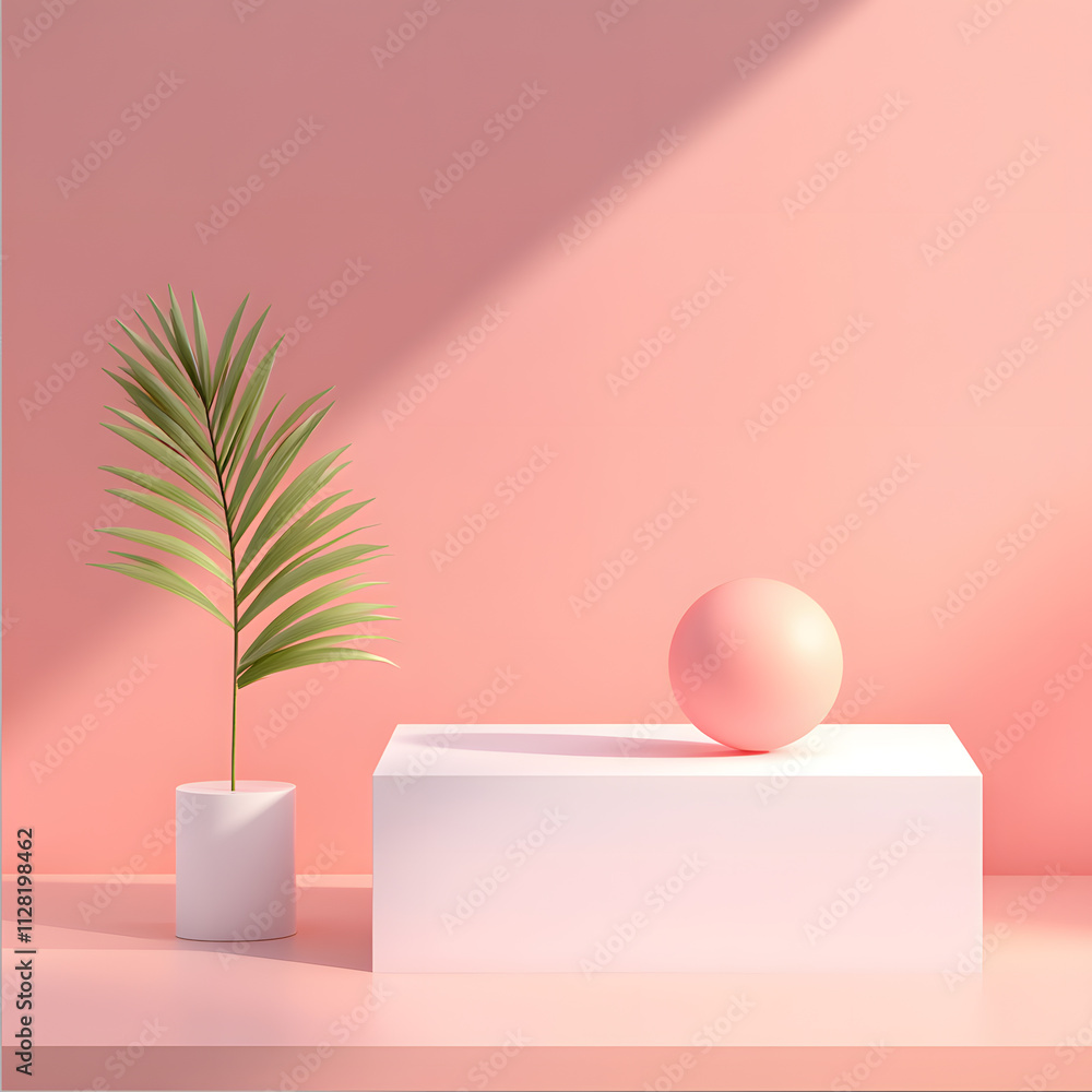 Poster minimalist still life with geometric objects and greenery in soft pink setting interior design inspi
