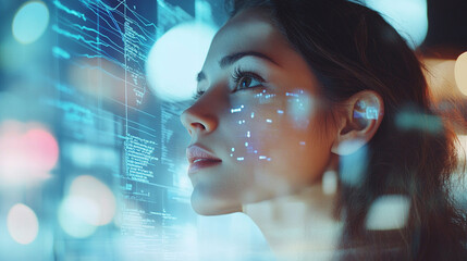 Woman Engaged With Futuristic Technology Interface Displaying Data Analysis and Digital Information in Innovative Environment