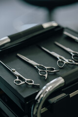 Eine Nahaufnahme von professionellen Friseurscheren, die ordentlich auf einem schwarzen Tablett in...