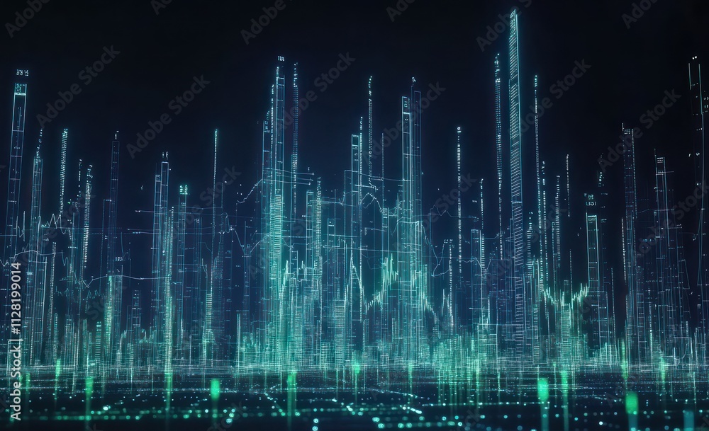 Poster A futuristic digital landscape with towering structures and flowing data visualizations.