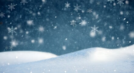 Natural Winter Christmas background with sky, heavy snowfall, snowflakes in different shapes and forms, snowdrifts. Winter landscape with falling christmas shining beautiful snow
