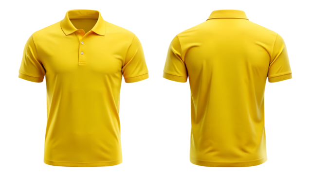 yellow blank polo t shirt template from two sides isolated on transparent white background, clipping path