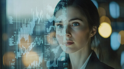 Young businesswoman analyzing data trends with futuristic technology in office environment, reflecting determination and focus on financial growth and insights