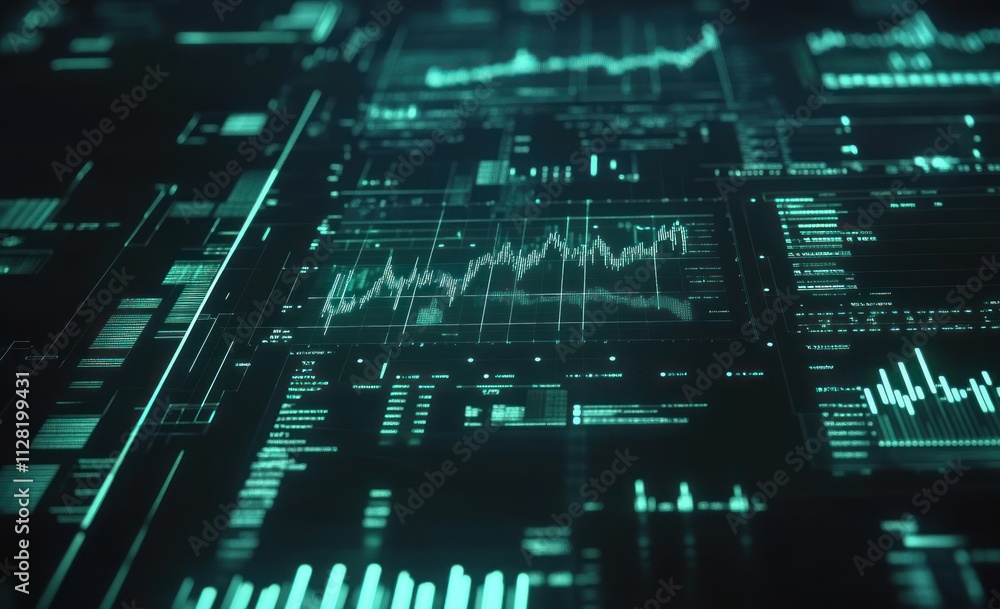 Poster Abstract digital interface displaying data analytics and graphs in a futuristic style.