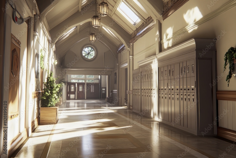 Aufkleber A sunlit school hallway with lockers and large windows, creating an inviting atmosphere.