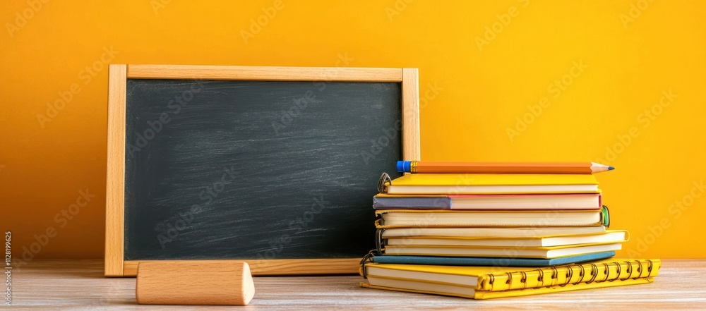 Poster a chalkboard beside a stack of notebooks and a pencil on a wooden table against a yellow background.