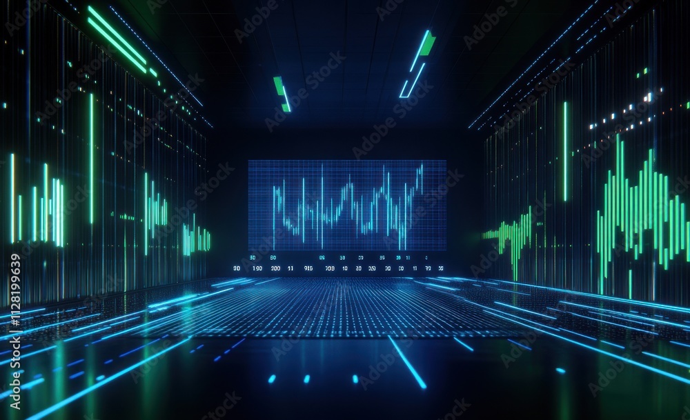 Fototapete A futuristic digital environment with data visualizations and glowing elements.