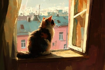 A calico cat gazes out a sunlit window, framed by soft curtains and a vibrant cityscape.