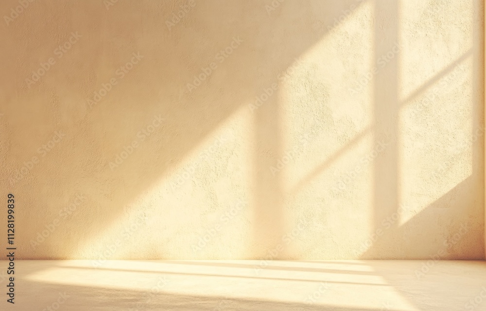 Aufkleber A softly lit empty room with warm tones and shadows from windows.
