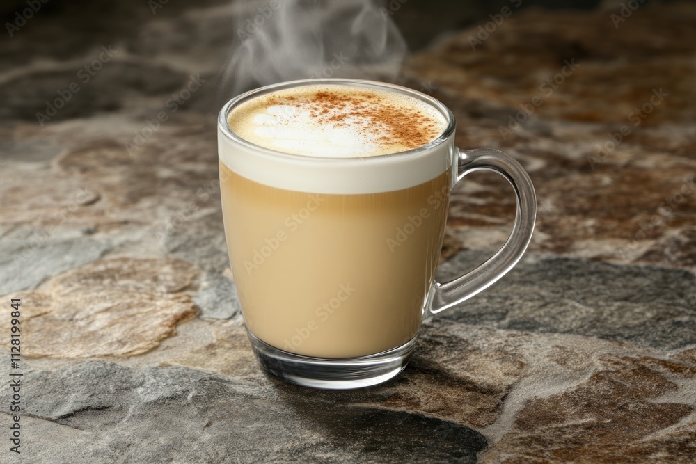 Poster a steaming cup of coffee with frothy milk and a sprinkle of cinnamon on a stone surface.