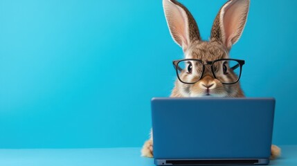 Close-up of cute rabbit with glasses working on a blue laptop against pastel blue background