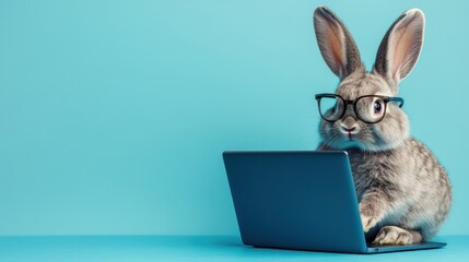 Close-up of cute rabbit with glasses working on a blue laptop against pastel blue background