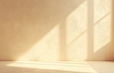 A softly lit empty room with warm tones and shadows from windows.