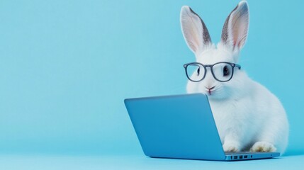 Close-up of cute rabbit with glasses working on a blue laptop against pastel blue background