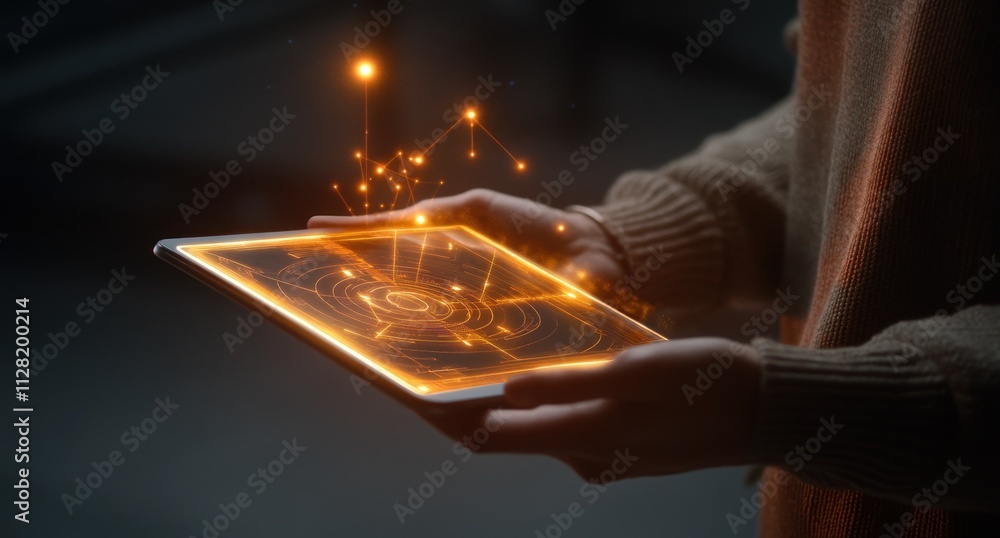Poster A person holds a glowing tablet displaying abstract data visualizations.