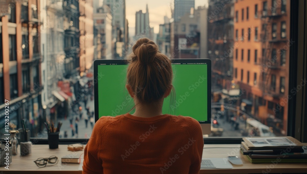Aufkleber A person working at a computer with a green screen, overlooking a cityscape.