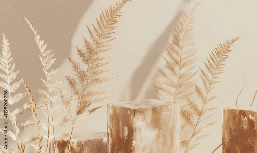 Poster a serene composition of dried ferns and geometric shapes in warm tones.