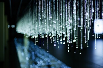 A sleek futuristic interface displays a captivating digital rain of luminous code droplets, embodying innovation and cutting-edge technology.