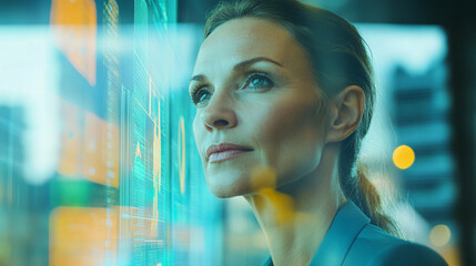 Businesswoman Analyzing Data Display on Glass Interface in Modern Office Environment with City View and Bright Lighting