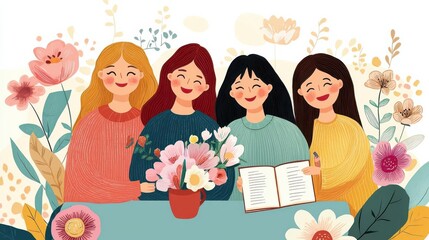 Group of friends journaling together, expressing gratitude on Galentine's Day, flat design illustration