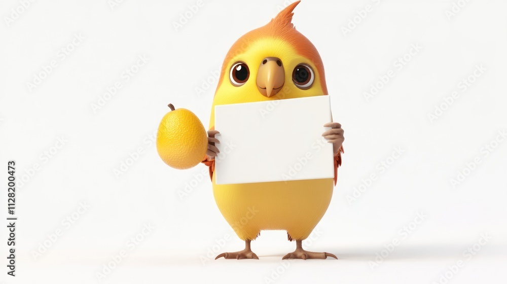 Poster a cute cartoon bird holding a lemon and a blank sign, inviting interaction or messages.