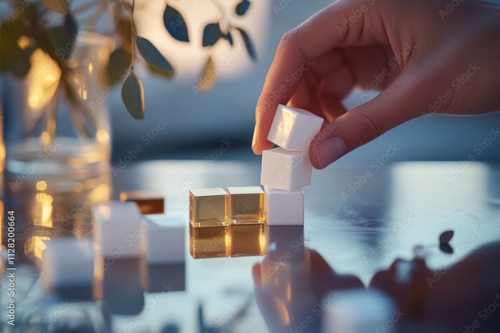 Fototapete A hand stacking small cubes on a reflective surface, creating a serene atmosphere.