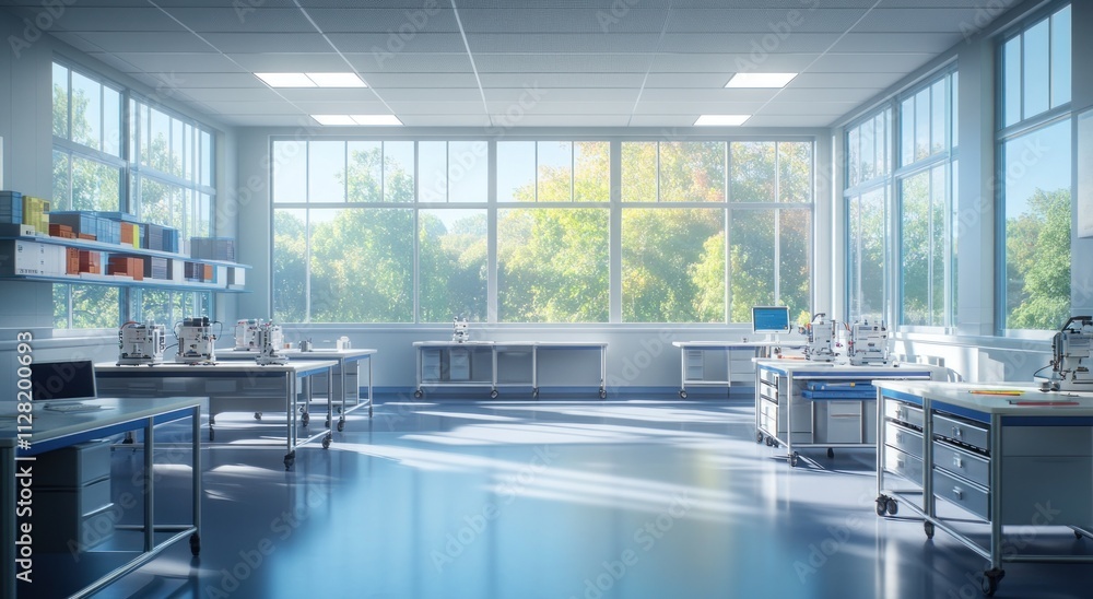 Aufkleber a bright laboratory space with workstations and large windows overlooking greenery.