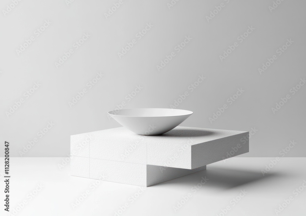 Poster A minimalist white table with a shallow bowl on top, emphasizing simplicity and design.