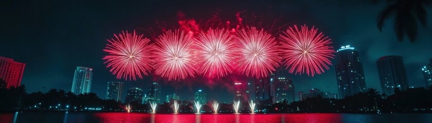 Spectacular Fireworks Display Over City Skyline at Night