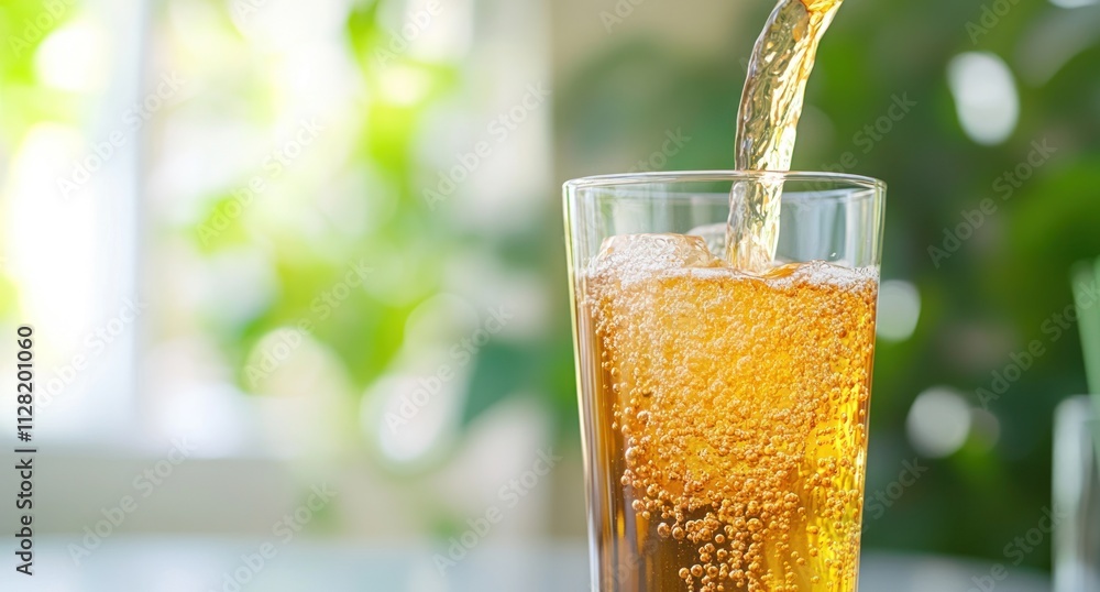Poster a refreshing beverage is being poured into a glass, creating bubbles and fizz.