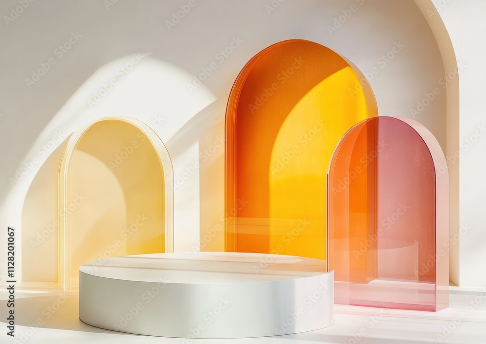 Poster a minimalist display featuring colorful arched panels and a circular platform.