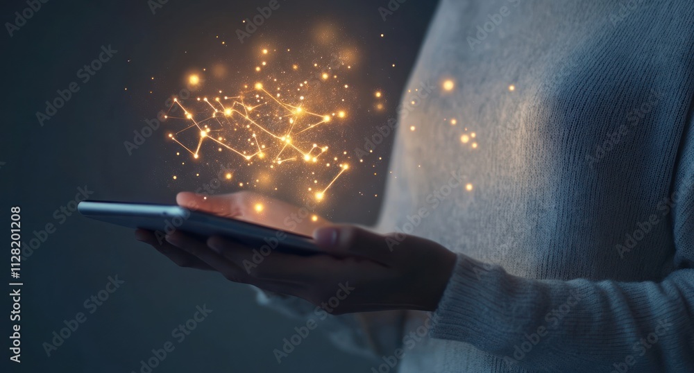 Poster a person holding a smartphone with glowing digital connections emerging from it.