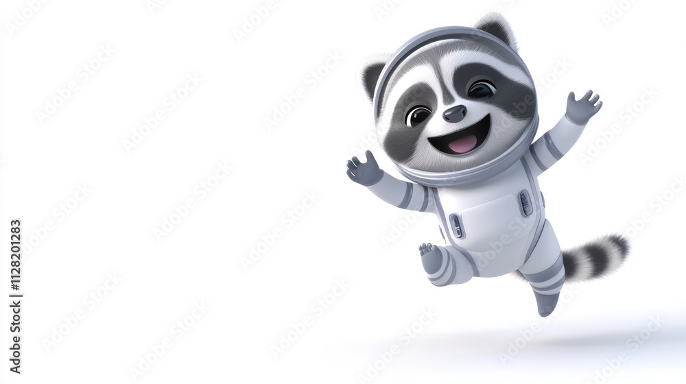 Aufkleber a cheerful raccoon character in a spacesuit, joyfully jumping against a white background.