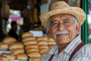 Fototapeta premium mexican male senior standing in front of a bakery