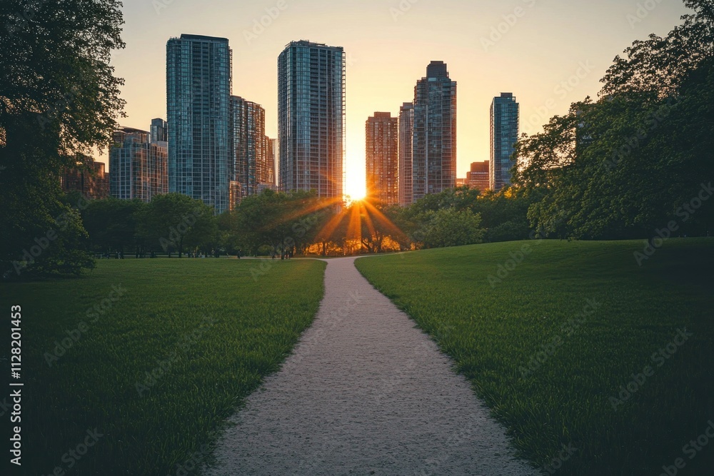 Poster sunset over a city skyline with a path through a green park.