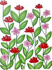 Vibrant Hand-Painted Red and Pink Flowers With Green Leaves on White Background