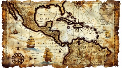 Fototapeta premium Antique Treasure Map of the Caribbean Islands, depicting sailing ships, compass rose and geographical details, aged parchment texture