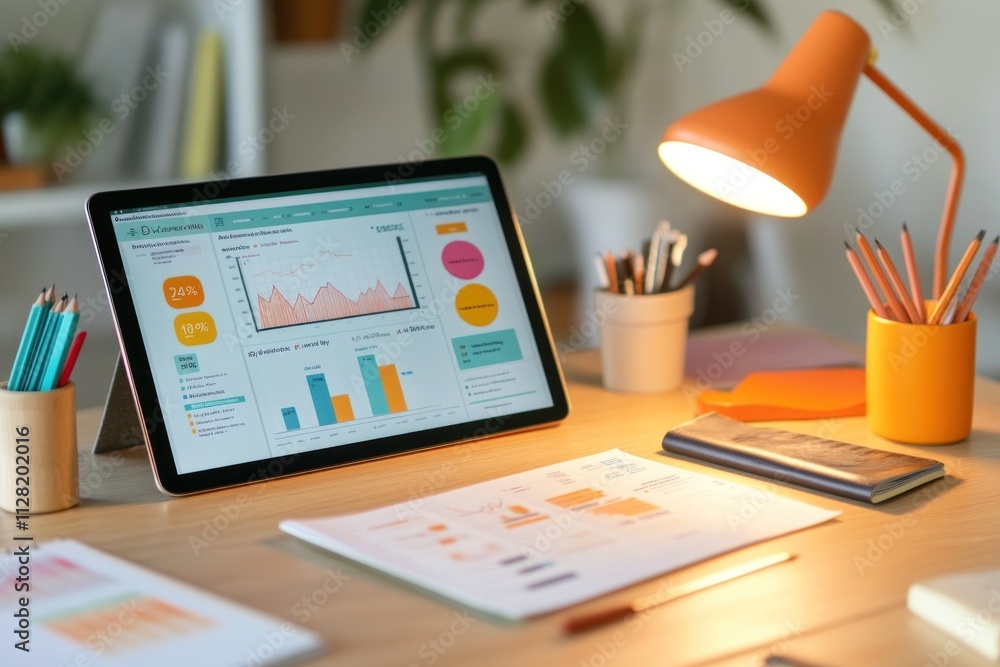 Poster A workspace with a tablet displaying charts and graphs, a lamp, and stationery.