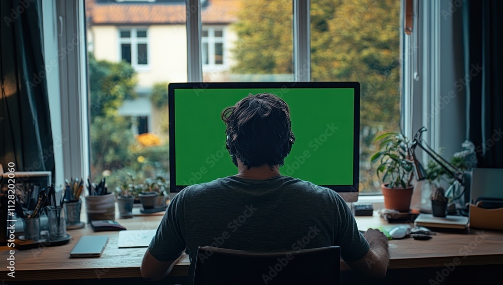 Poster a person working at a desk with a green screen monitor and plants in the background.