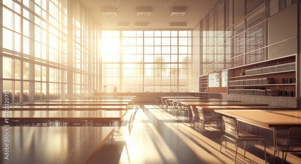 Poster A sunlit classroom with tables and chairs, emphasizing a learning environment.