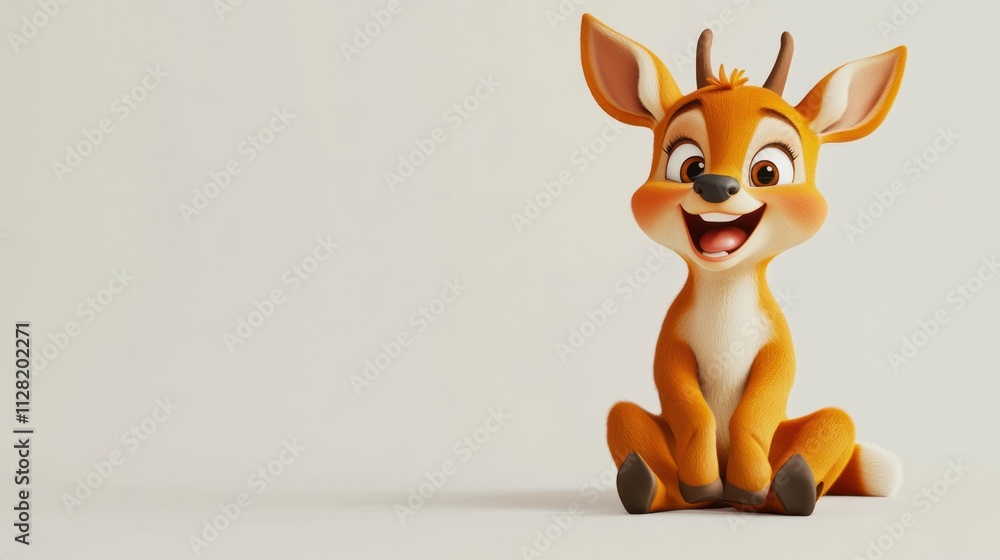Poster a cheerful animated deer character with a big smile, sitting playfully.