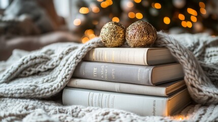Cozy Winter Books Stacked With Ornaments