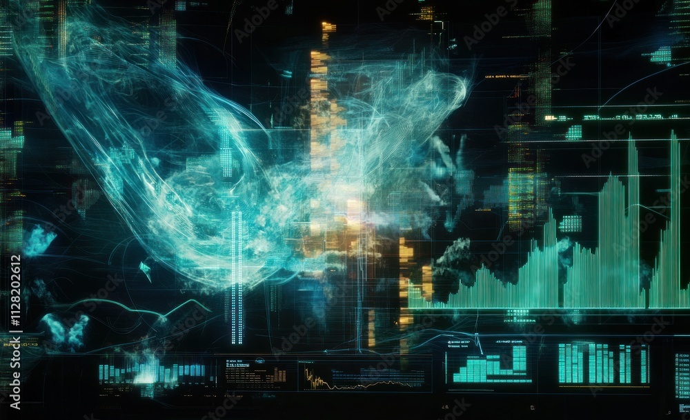 Fototapete Abstract digital visualization with data charts and flowing elements.