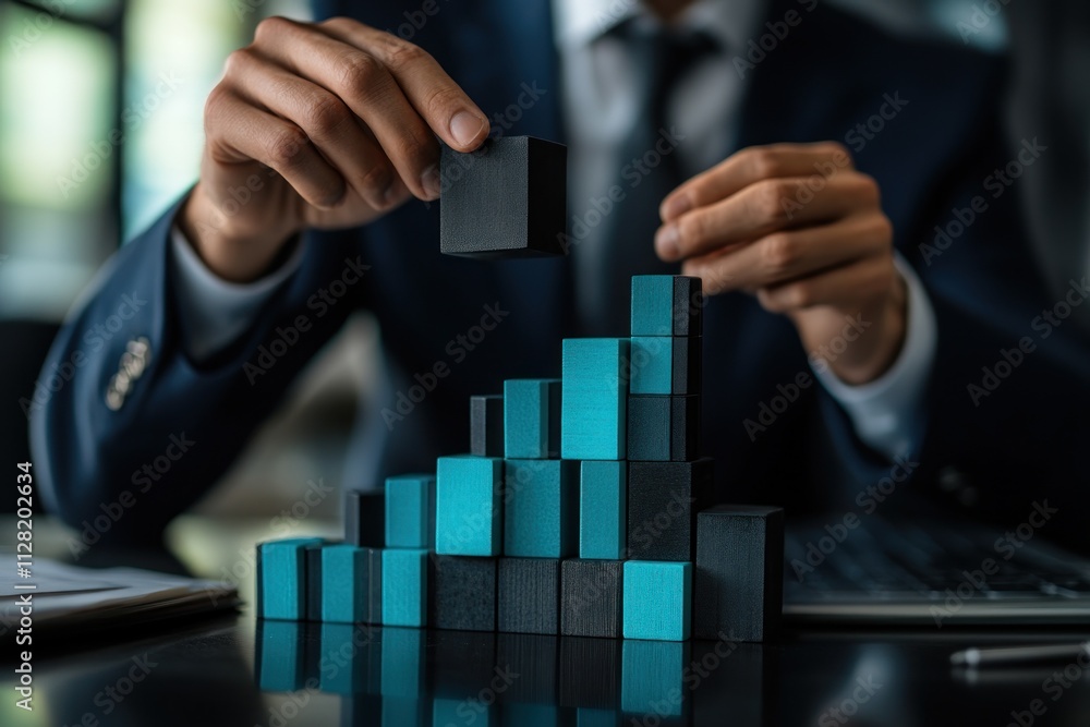 Poster A person in a suit stacking blocks to represent growth and strategy in a business context.
