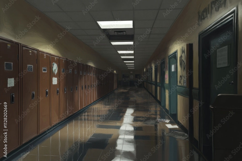Poster A dimly lit school hallway with lockers and shiny floors.