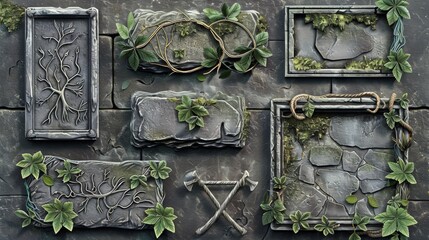 Ancient Stone Carvings with Vines and Axes: A Game Asset Design