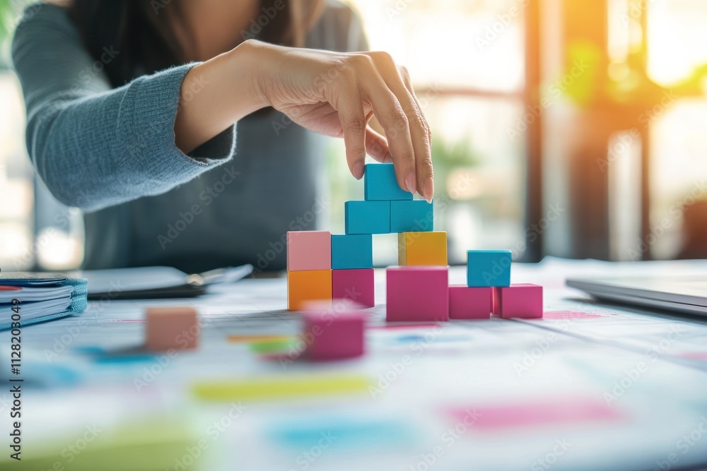 Fototapete A person stacking colorful blocks on a table, symbolizing creativity and organization.