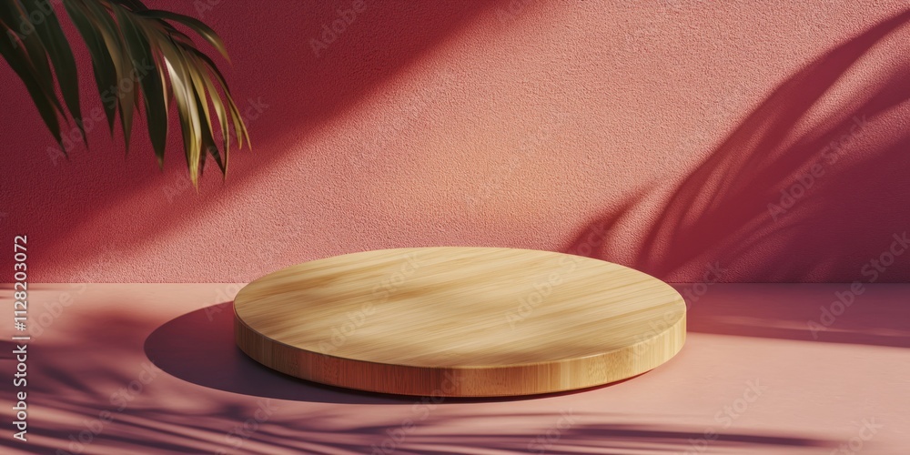 Aufkleber a wooden circular platform against a pink wall, creating a modern display setting.